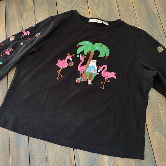 Vintage Flamingo Santa Palm Trees Ugly Christmas Sweater 3/4 Sleeve - P/L (XM9) - Picture 1 of 8